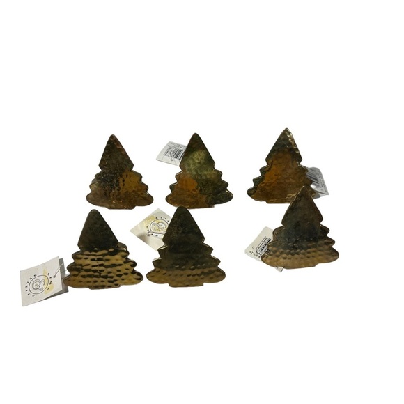Vtg Kemp & Beatley Set of 6 Hammered Brass Gold Christmas Tree Napkin Rings NWT - Picture 2 of 9